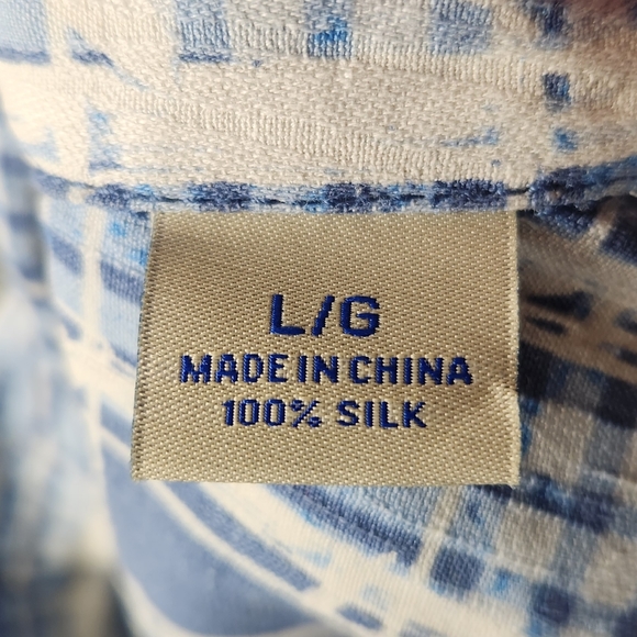 Tommy Bahama Mens Silk Button Down Shirt‎ Large Blue Plaid Palm Hawaiian Print - Picture 6 of 8